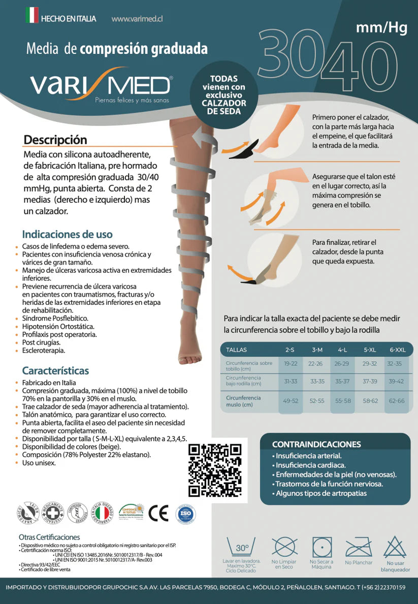 Media Varimed | 30-40 mmHg | Muslo | Medias de Compresión | Punta Abierta | Con Calzador