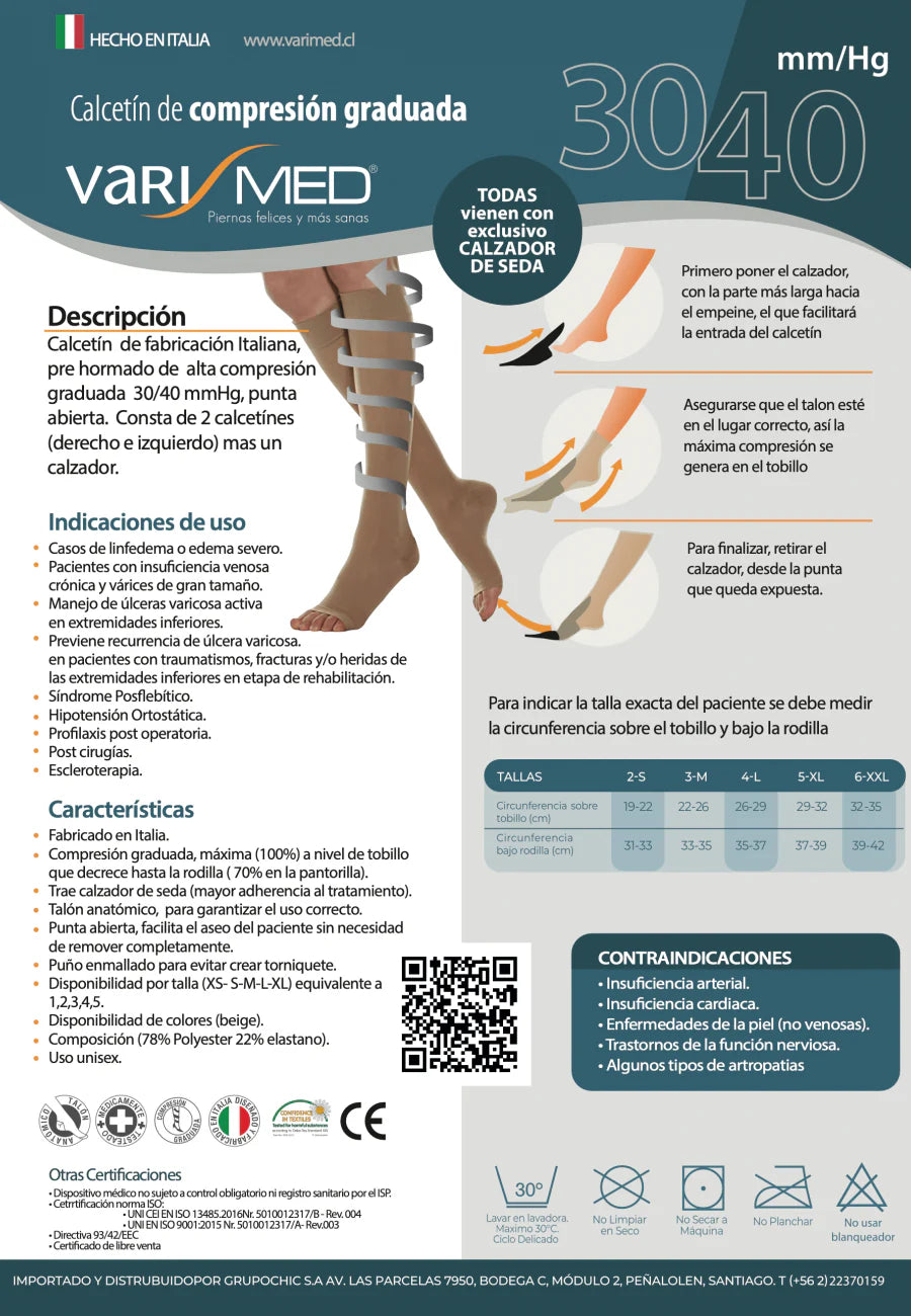 Calcetín de Compresión Graduada 30-40 mmHg | Microfibra | Punta Abierta | Con Calzador